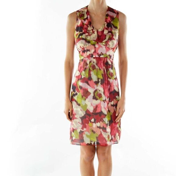 LOFT Dresses & Skirts - LOFT Red Green Ruffle Belted Dress